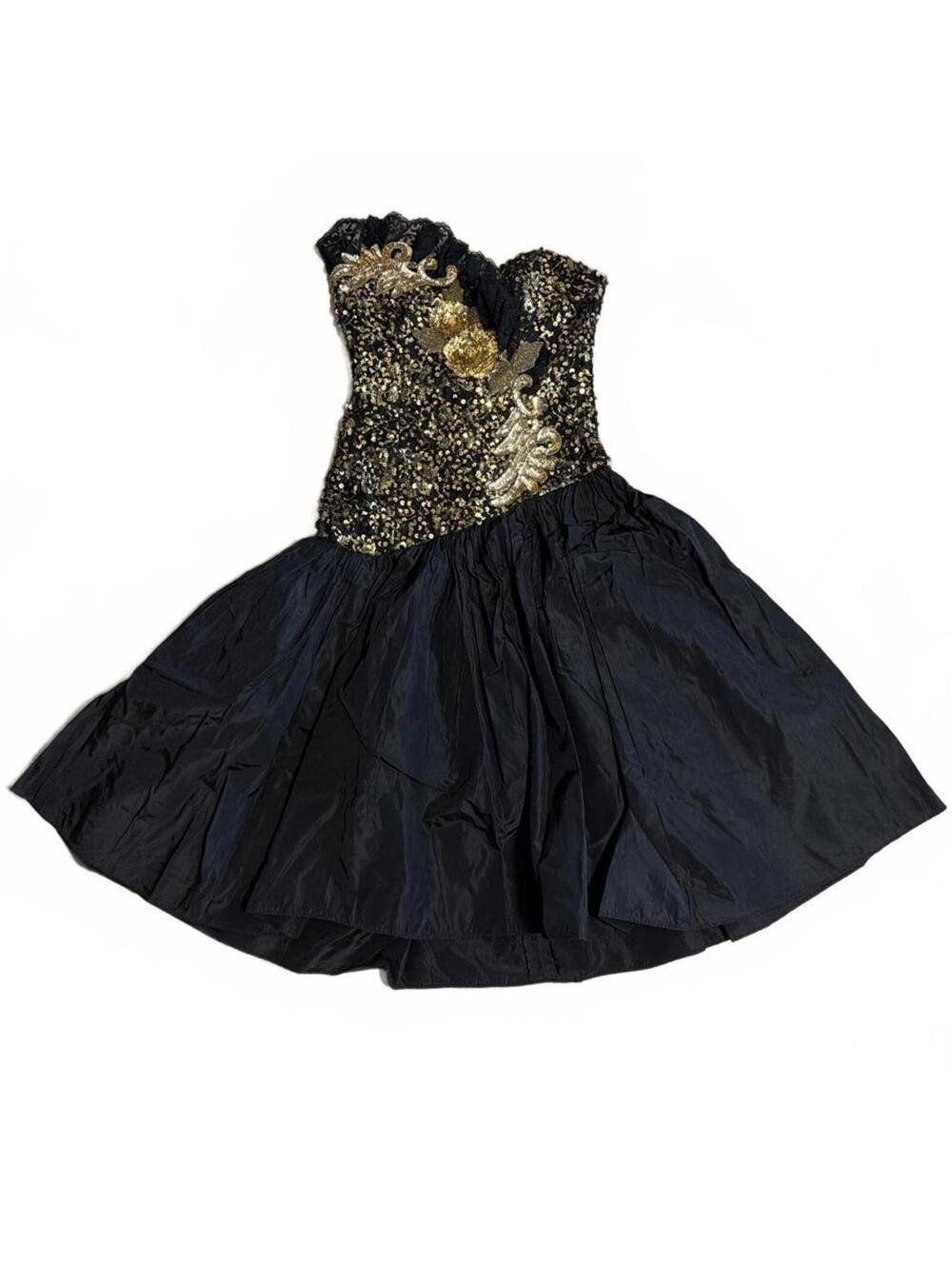 80's Vintage Party Cocktail Dress Loralie Black & Gold Sequin and Taffeta Size 6